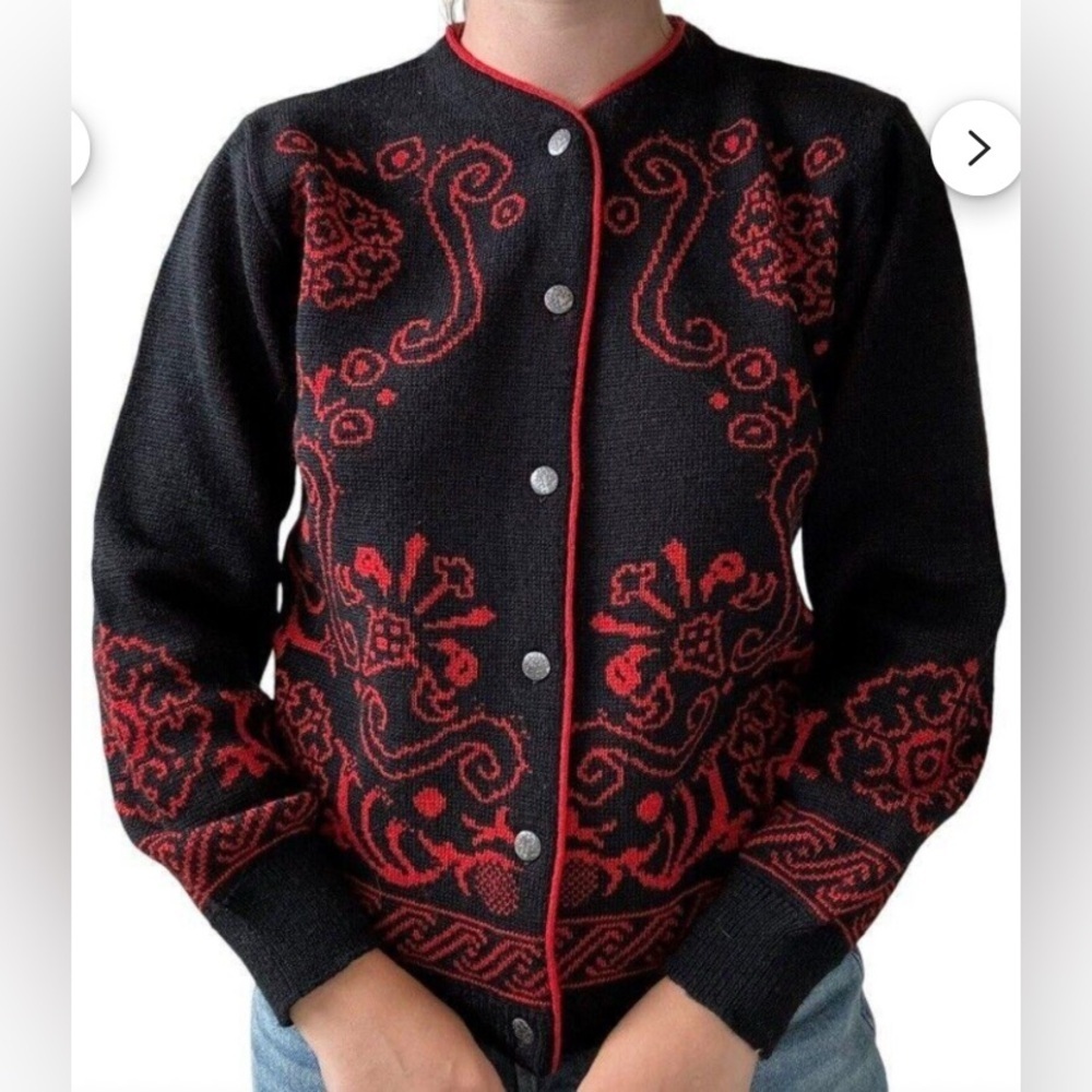 Vintage 70s Pendleton Nordic Red and Black 100% Pure Virgin Wool Cardigan Medium - Picture 3 of 14